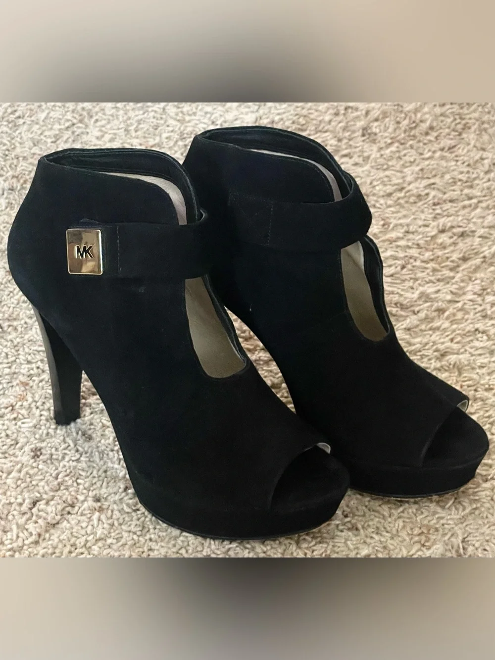 EUC Michael Kors Devenport Black Suede Peep Toe Stiletto Platform Booties 9.5